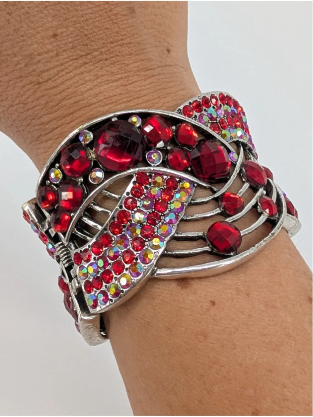 Red Rhinestone Wide Cuff Bracelet Silver Tone AB Crystal Y2K Glam Statement